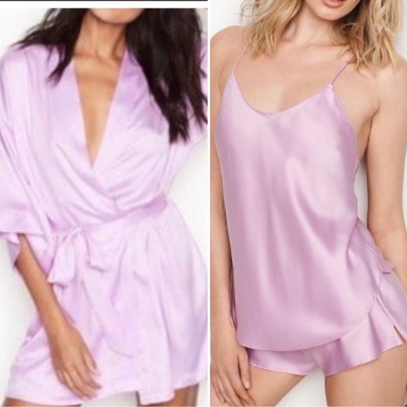 2 Piece Matching Set: XS/S Robe + Small Cami and Short Set PJ Purple Satin Silky